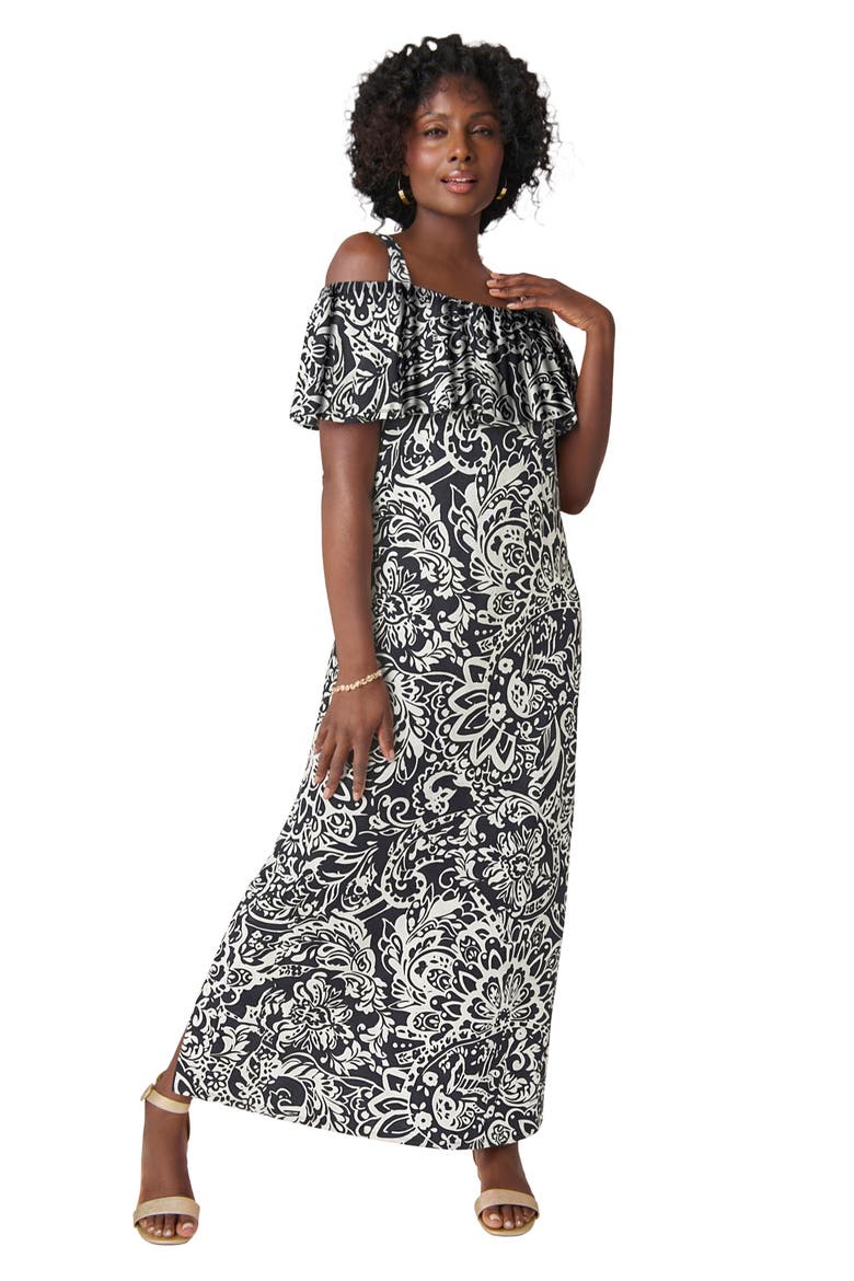 Cold Shoulder A Line Maxi Dress, Main, color, NAVY SCROLL MEDALLION
