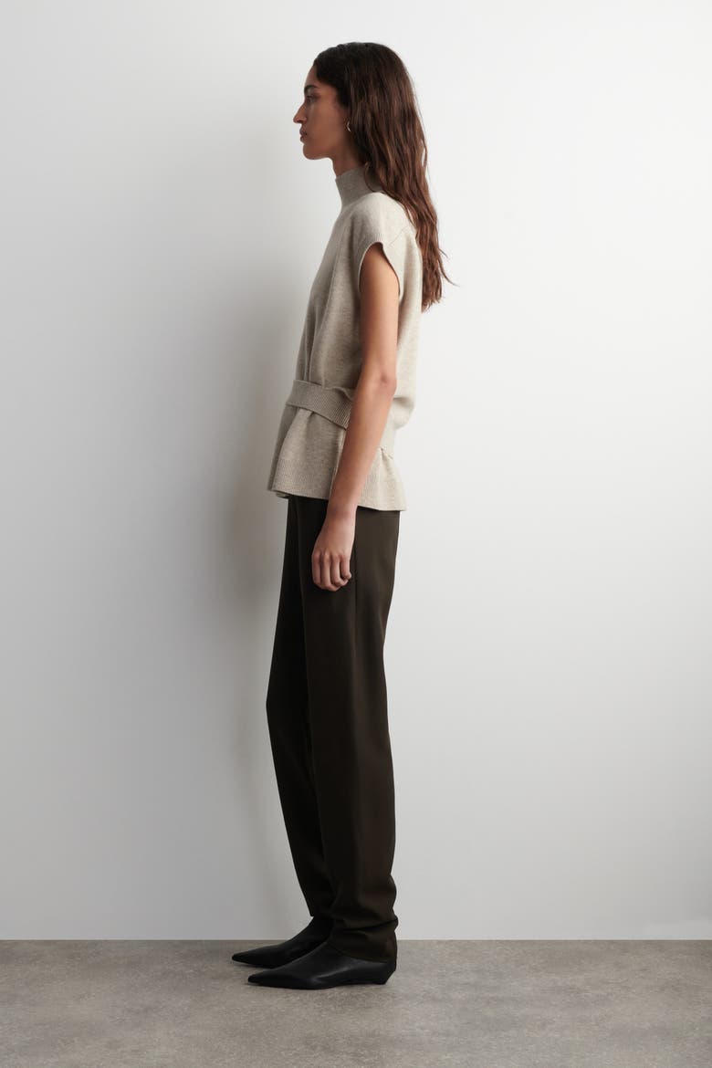 Belt-Detail Mock-Neck Wool Vest, Alternate, color, BEIGE MÉLANGE