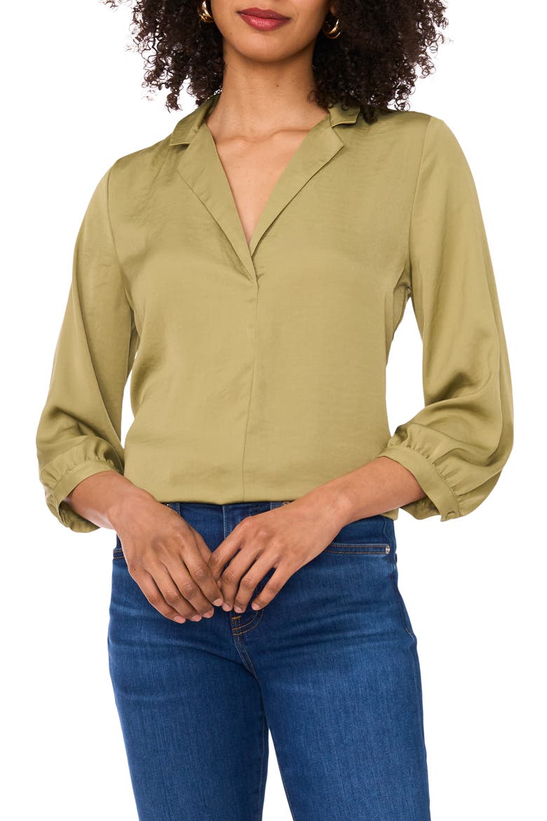 Notch Collar Crepe Top, Main, color, MOSS GREEN