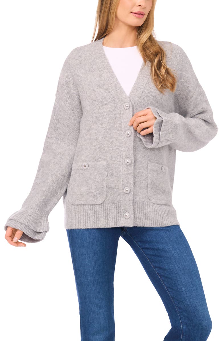 CeCe Ruffle Cuff Cardigan, Alternate, color, Light Heather Grey