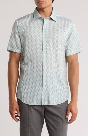 David Donahue Floral Print Short Sleeve Sport Shirt In Blue