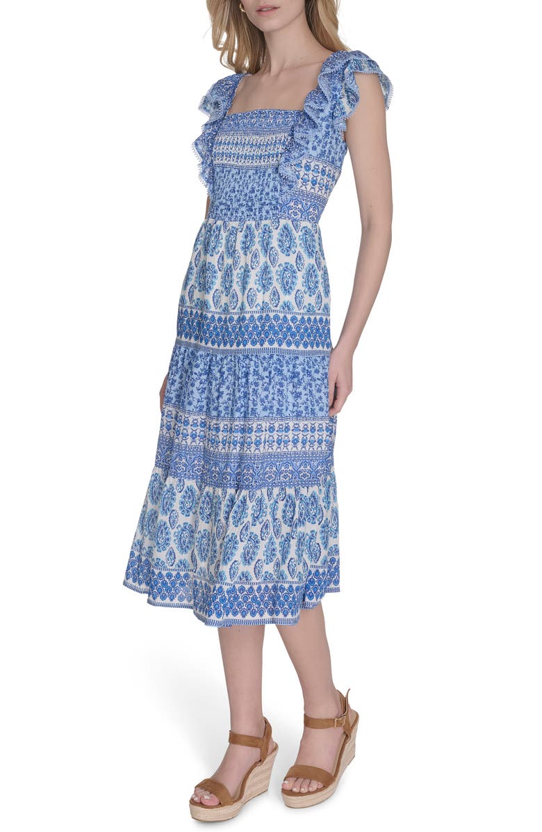 Eliza J Ruffle Sleeve Midi Dress, Alternate, color, Blue White