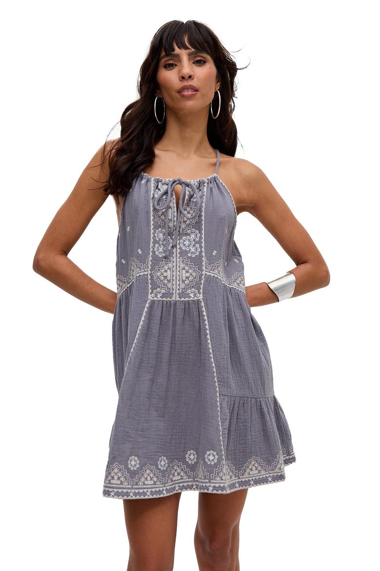 Jen Tiered All Over Embroidered Mini Dress, Alternate, color, Grey