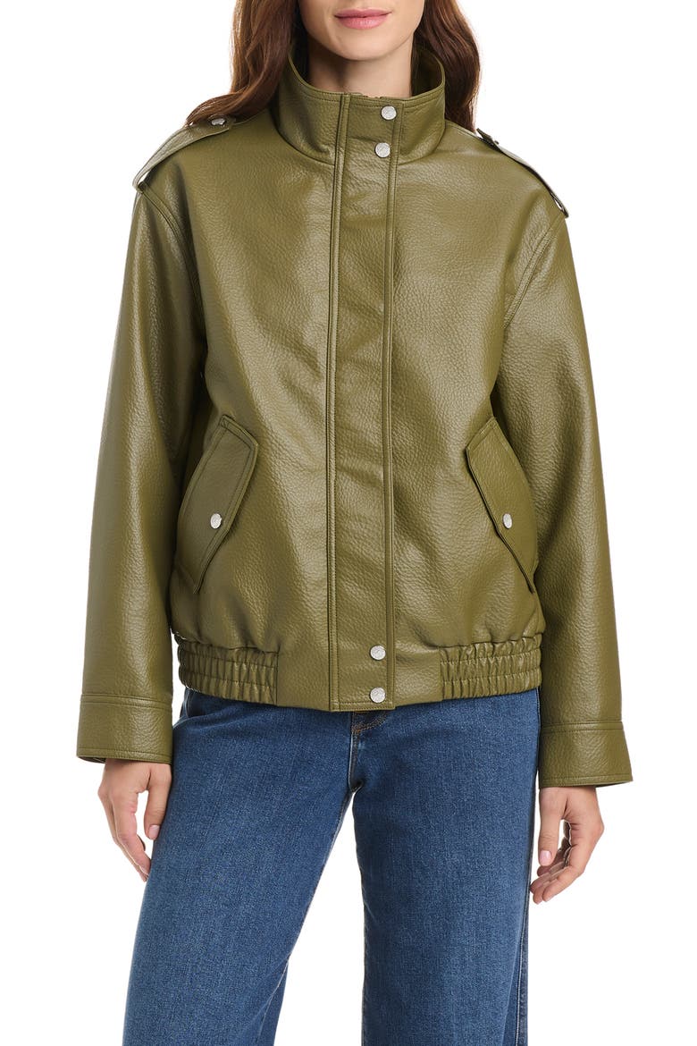 Faux Leather Bomber Jacket, Main, color, OLIVE