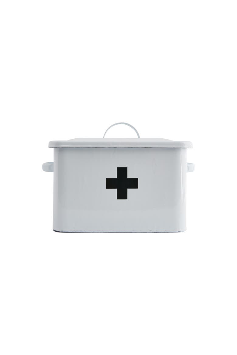 Enameled Metal First Aid Box with Lid and Swiss Cross, White and Black, Alternate, color, White