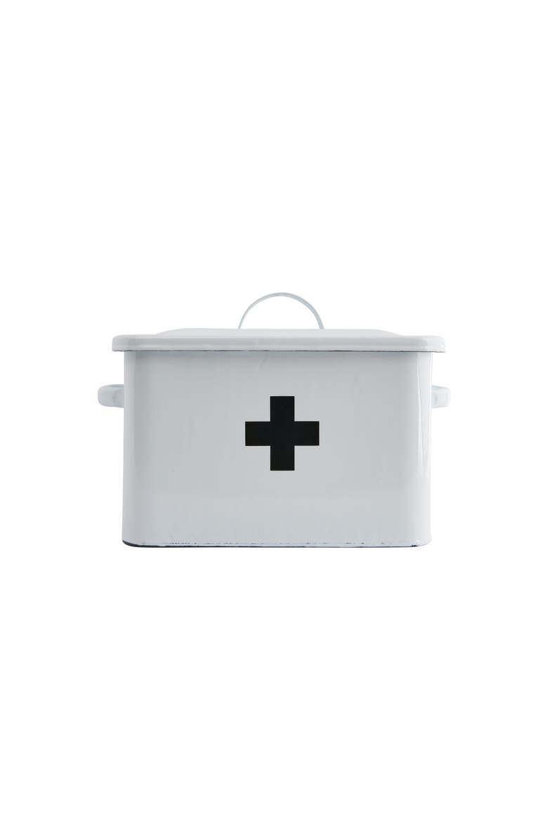 Storied Home Enameled Metal First Aid Box with Lid and Swiss Cross, White and Black, Alternate, color, White