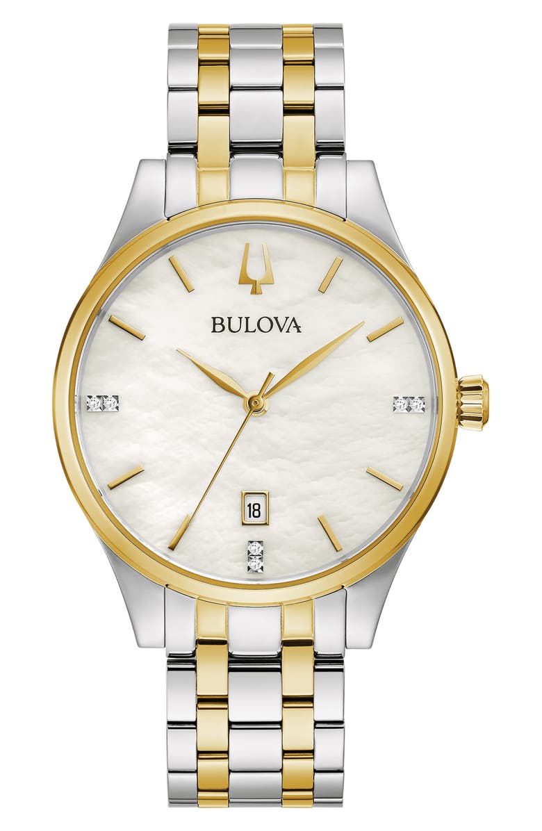 BULOVA Two-Tone Mother-of-Pearl & Diamond Bracelet Watch, 36mm, Main, color, Two Tone