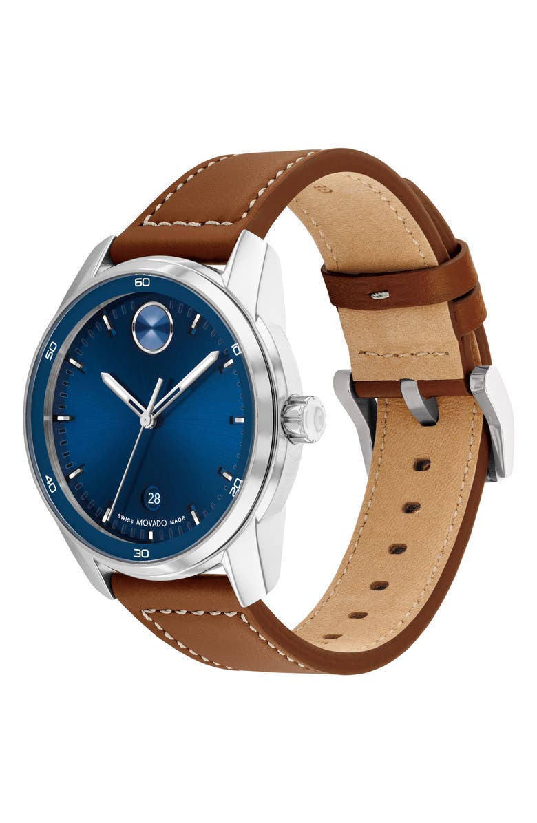 Movado Bold Verso Leather Strap Watch, 42mm, Alternate, color, Blue