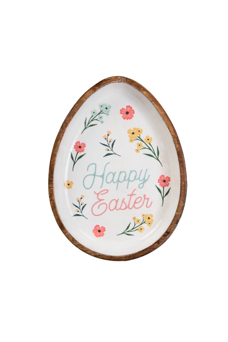 Happy Easter Flowers Wood Egg Shaped Serving Plate 8.66", Main, color, Pink