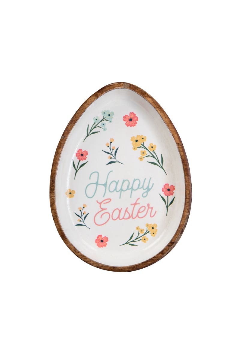 Gallerie II Happy Easter Flowers Wood Egg Shaped Serving Plate 8.66", Main, color, Pink