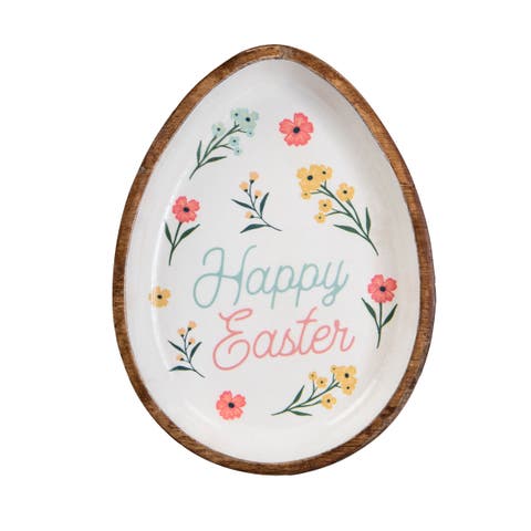 Happy Easter Flowers Wood Egg Shaped Serving Plate 8.66"