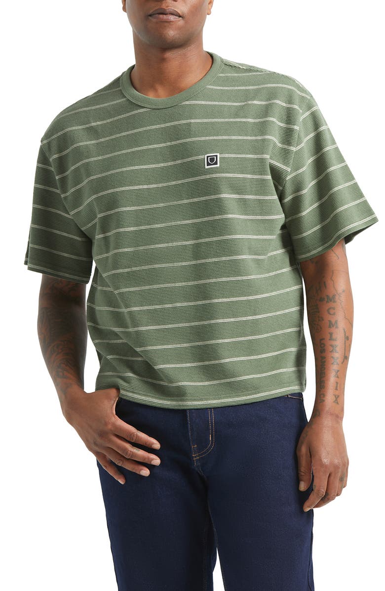 Brixton Boxy Shield Stripe Piqué T-Shirt, Main, color, Dark Olive/ Whitecap