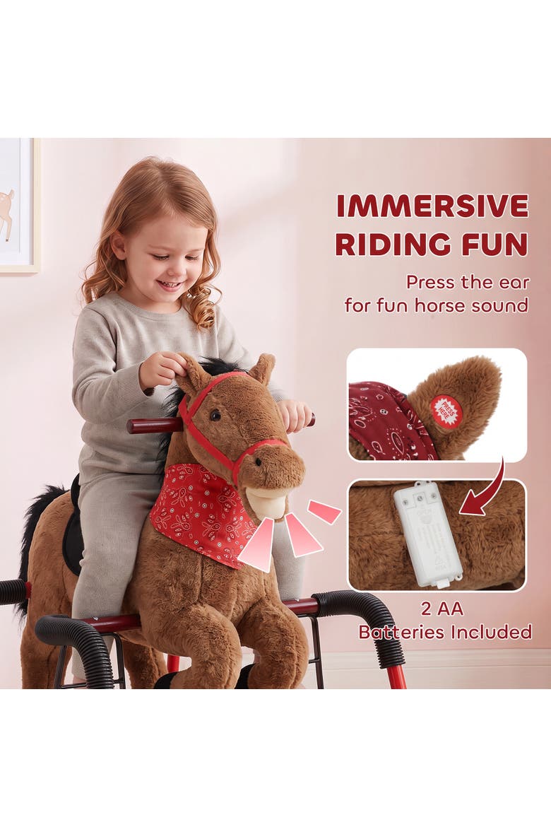 Kids Spring Rocking Horse, Ride on Horse with Neighing Sounds, Plush Animal Ride on Toy with Covered Spring, Wide Base for Ages 3+ Years, Brown, Alternate, color, brown