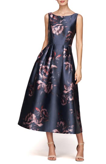 Kay Unger Elsa Floral A-line Cocktail Dress In Blue