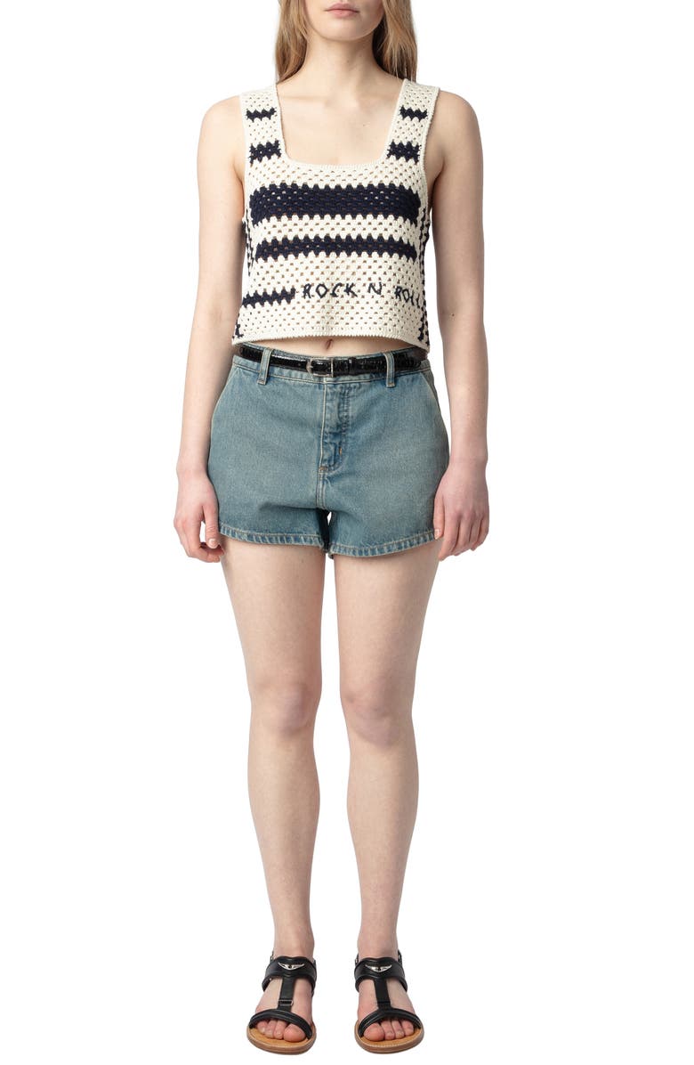 Zadig & Voltaire Dillie Stripe Open Stitch Cotton Graphic Sweater Tank, Alternate, color,