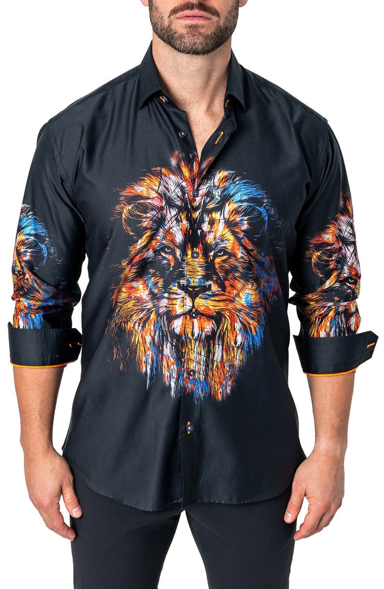 Maceoo Fibonacci Lion Ink Regular Fit Cotton Button-Up Shirt, Alternate, color, 