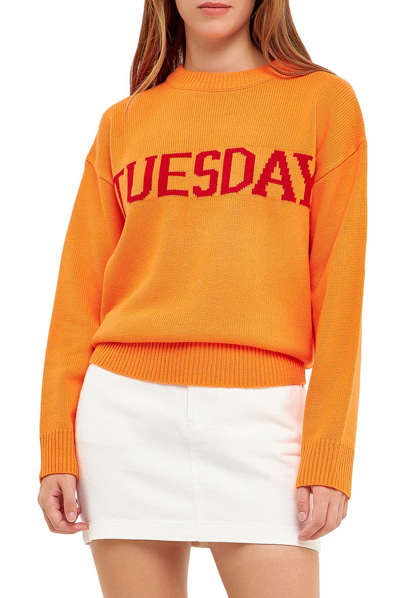Weekday Motif Sweater, Main, color, ORANGE/ RED