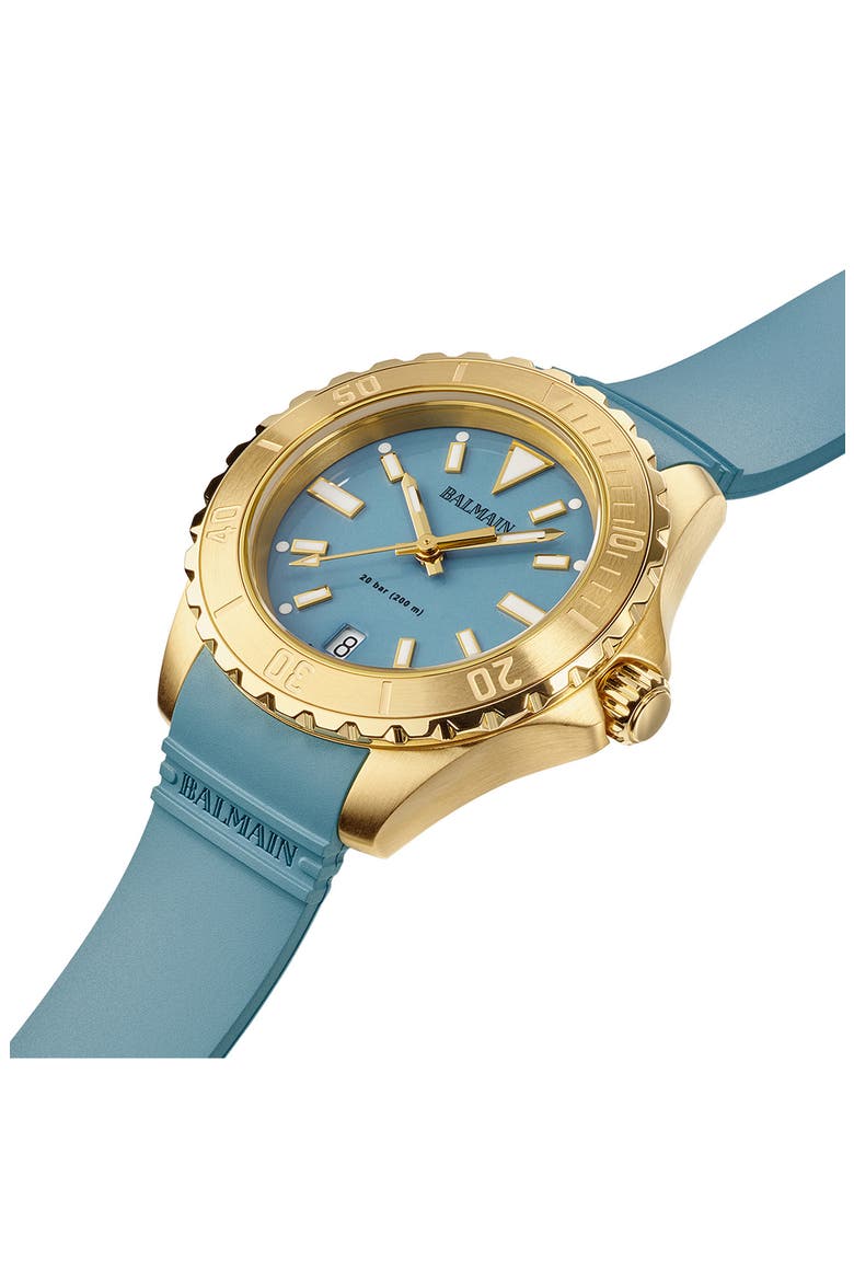 Ophrys Rubber Strap Watch, 34.5mm, Alternate, color, BLUE RUBBER YELLOW GOLD PVD