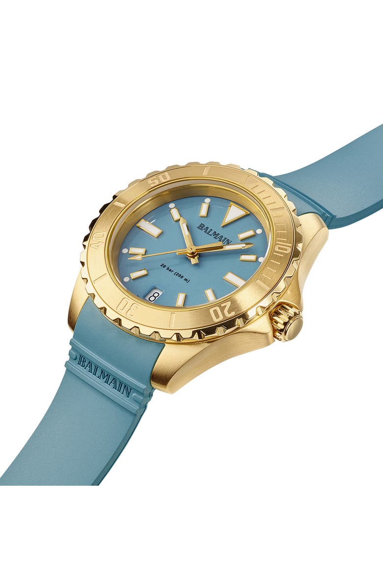 BALMAIN WATCHES Ophrys Rubber Strap Watch, 34.5mm, Alternate, color, Blue Rubber Yellow Gold Pvd