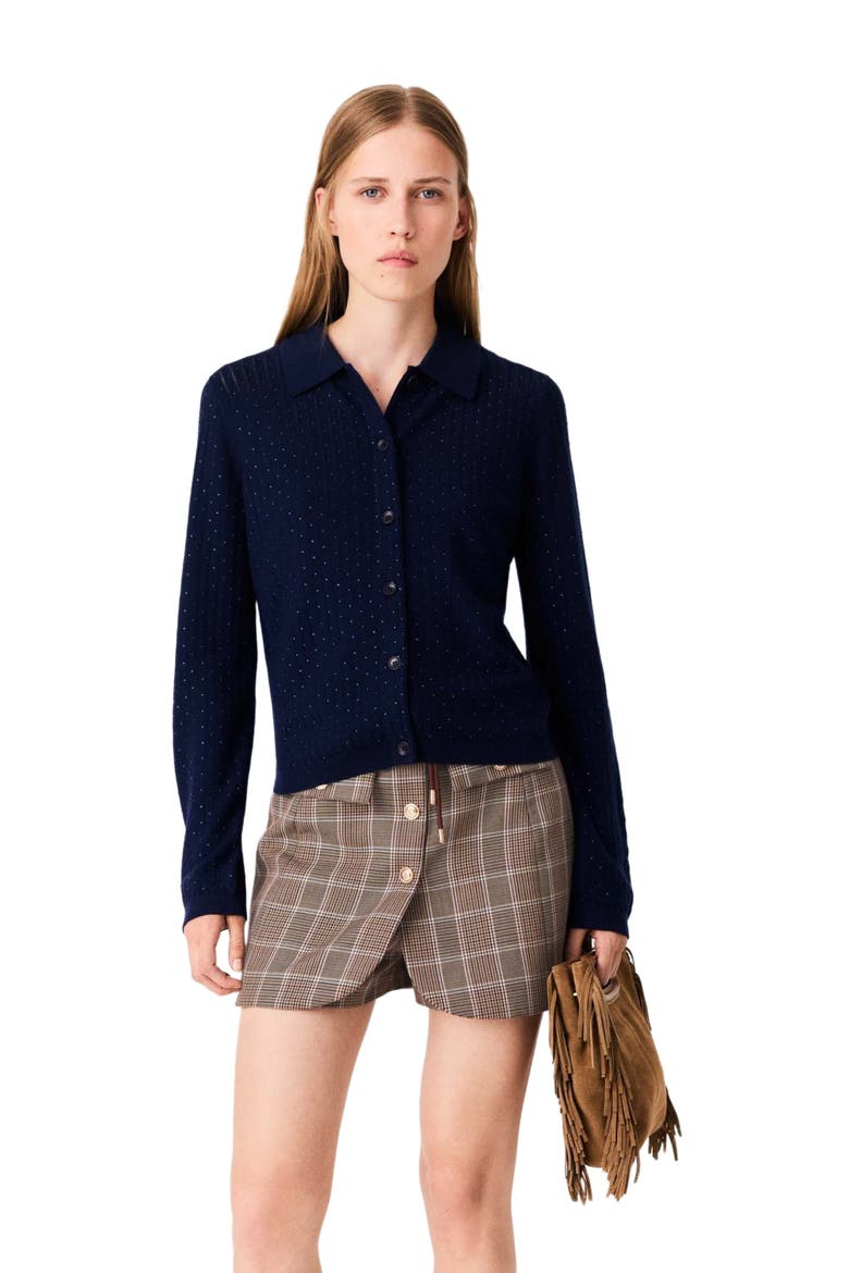 Rhinestone polo collar cardigan, Alternate, color, Navy