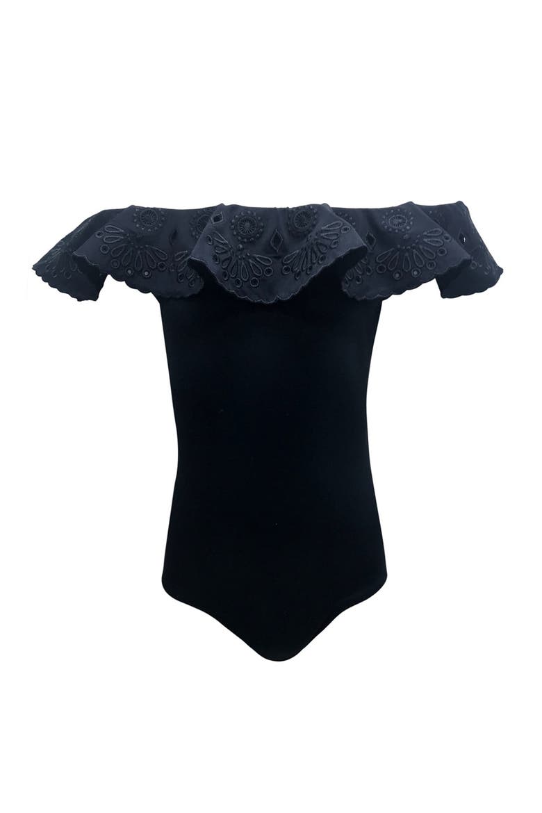 Embroidered Eyelet Off-Shoulder One-Piece Swimsuit, Toddler-Little Kid,Big Kid, Main, color, Black