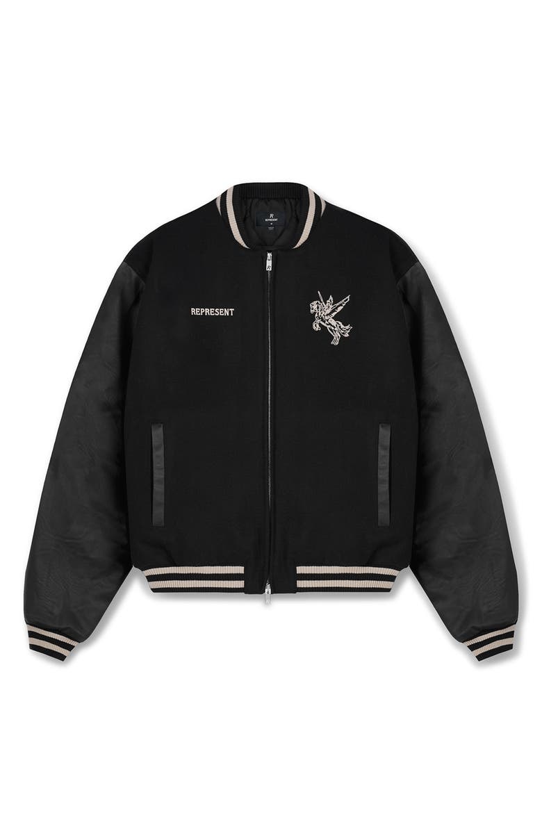 Represent Bellerophon Mixed Media Varsity Jacket, Alternate, color, 