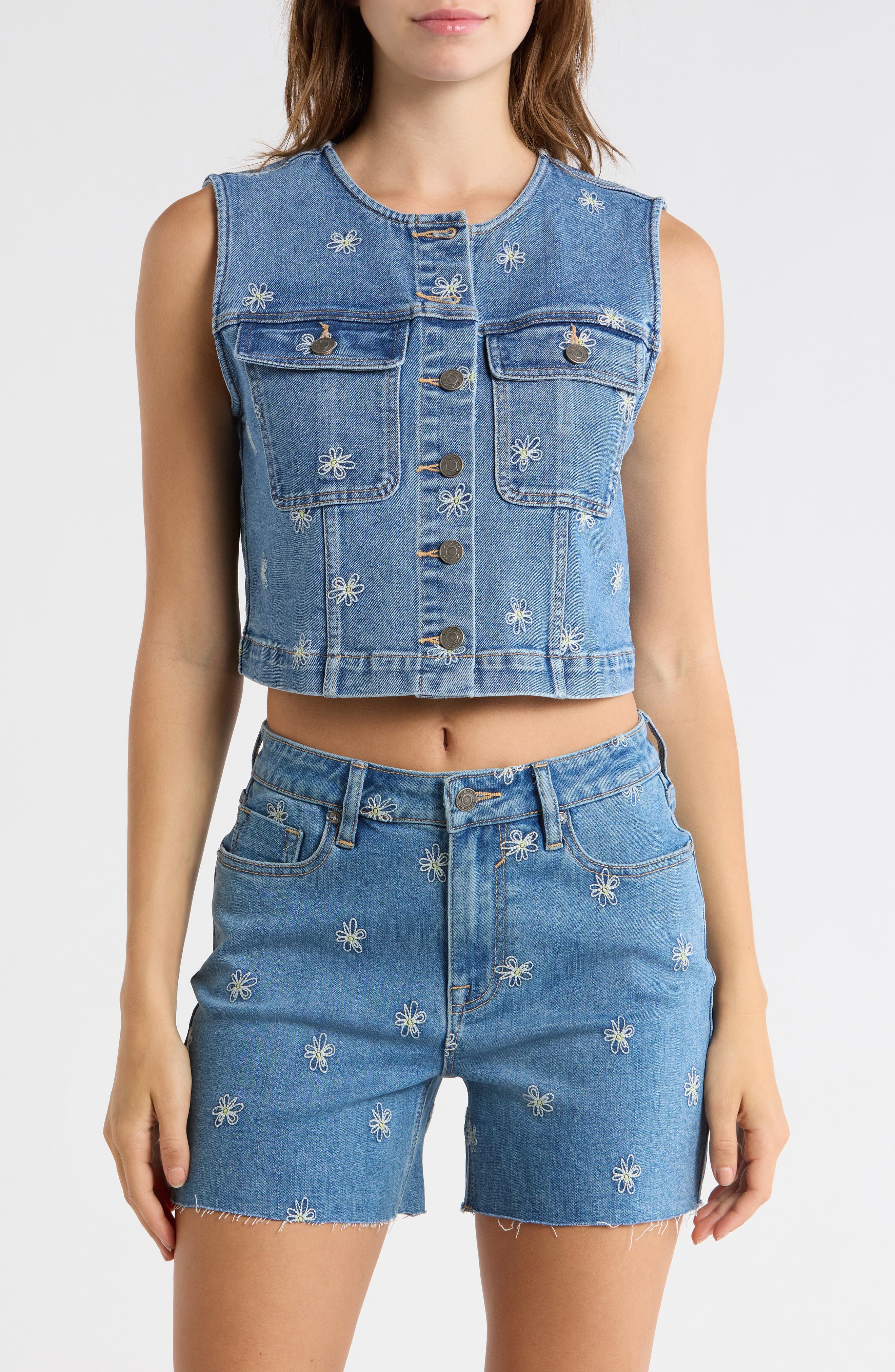 Vigoss Daisy Embroidered Denim Vest