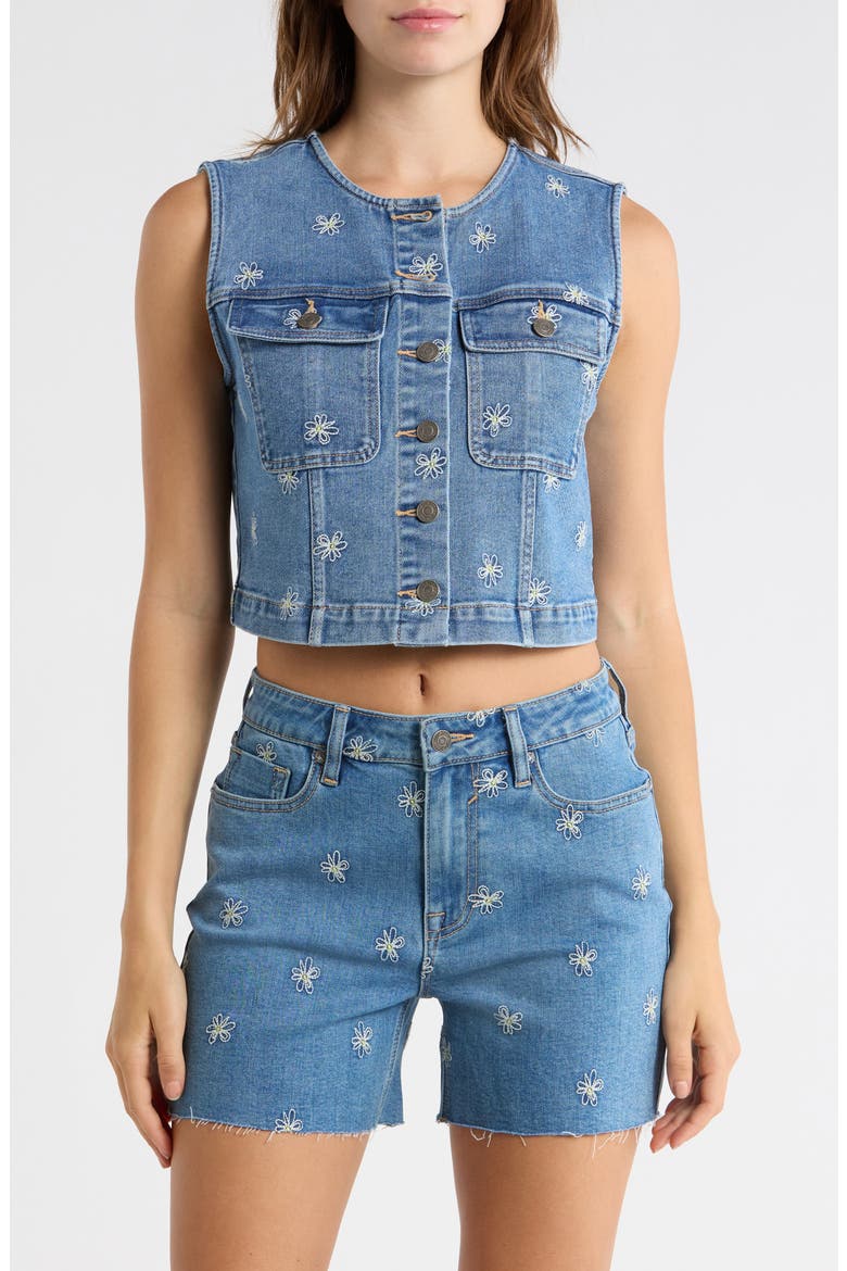 Daisy Embroidered Denim Vest, Main, color, LIGHT WASH