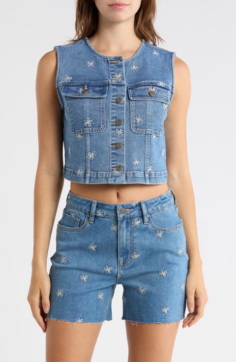 Daisy Embroidered Denim Vest