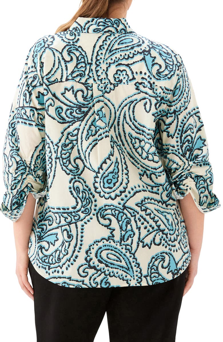 Karen Kane Ruched Sleeve Cotton Button-Up Shirt, Alternate, color, Print