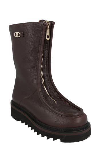 Ferragamo Leather With Gancini Hardware Ankle Boot In Brown