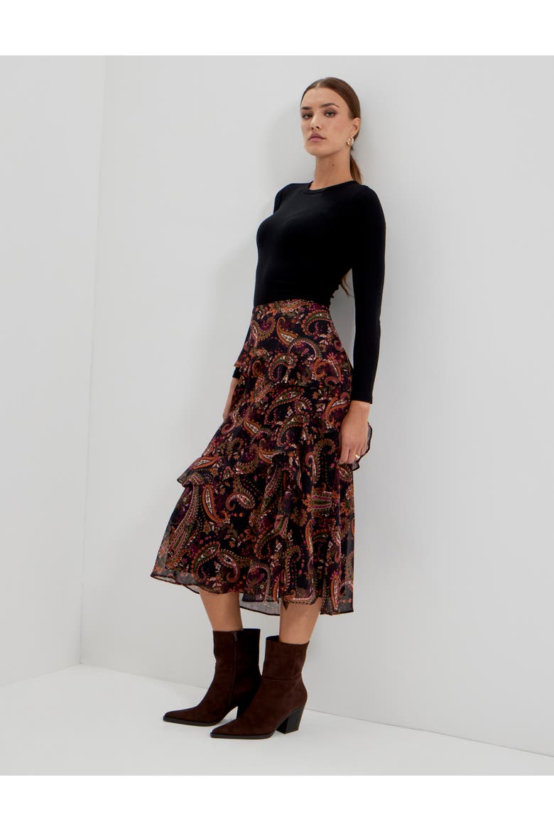 Kat Printed Chiffon Midi Skirt, Alternate, color, Black Paisley