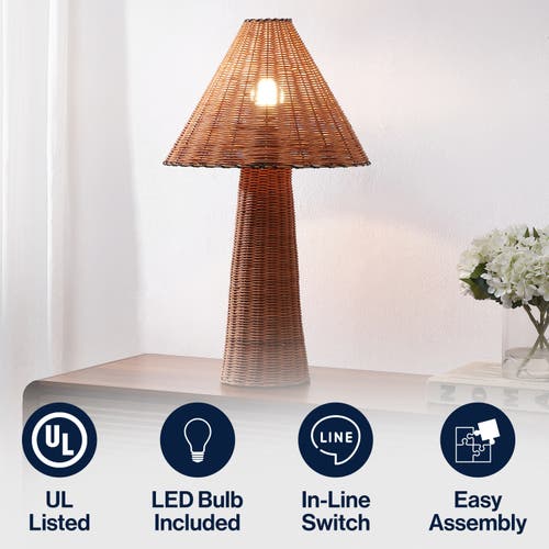 Jonathan Y Kara 26.5" Modern Coastal Woven Rattan Tapered Cylinder Led Table Lamp In Brown