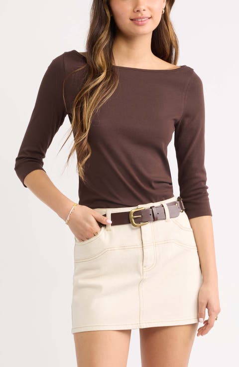 Boat Neck Three-Quarter Sleeve Top