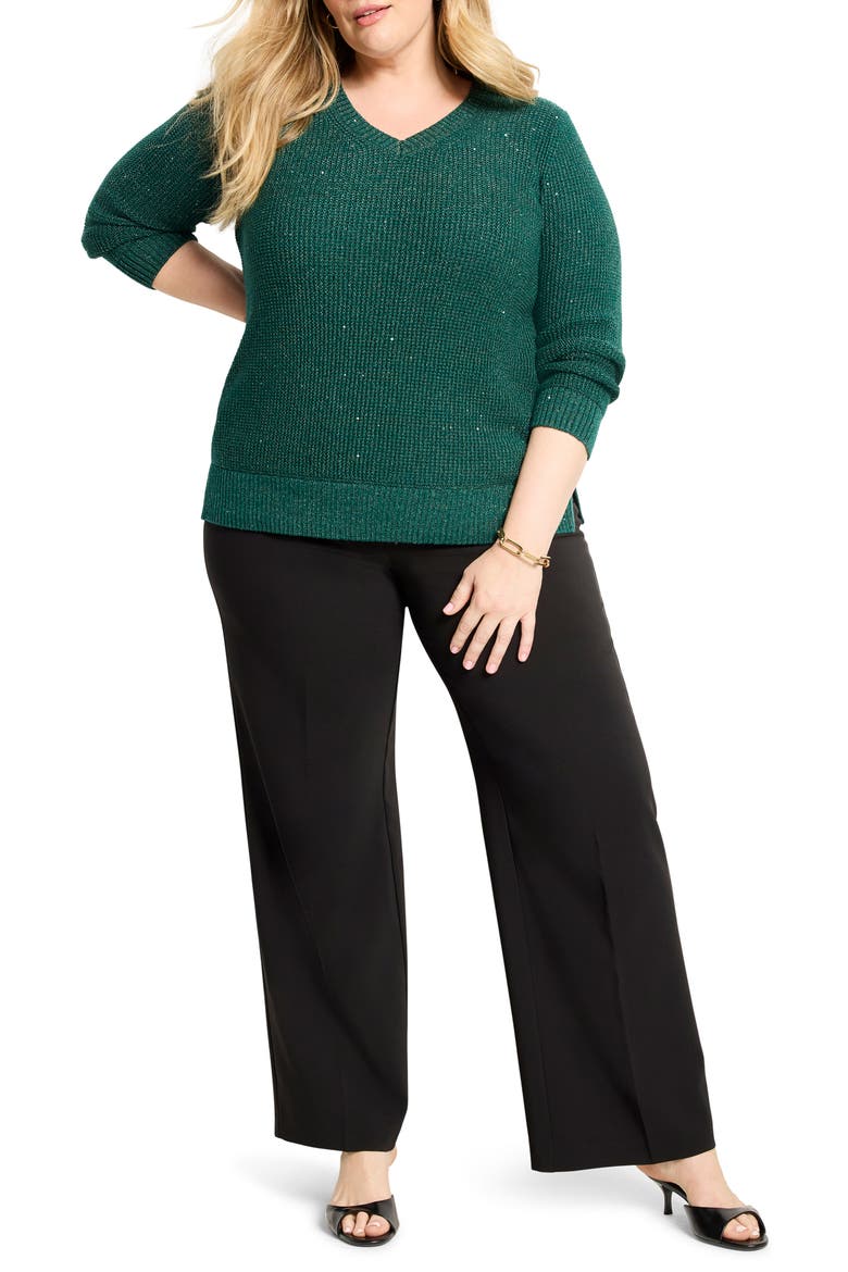 Shimmer V-Neck Waffle Stitch Sweater, Alternate, color, PINE