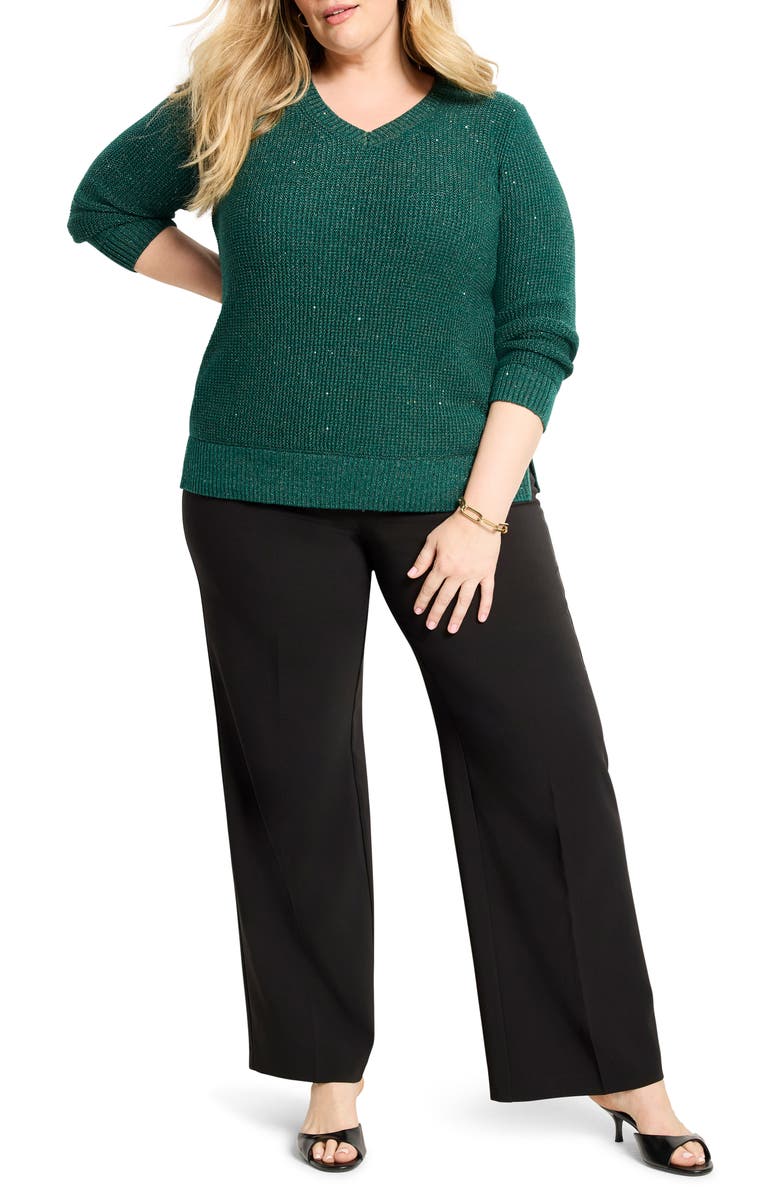 NIC+ZOE Shimmer V-Neck Waffle Stitch Sweater, Alternate, color, Pine