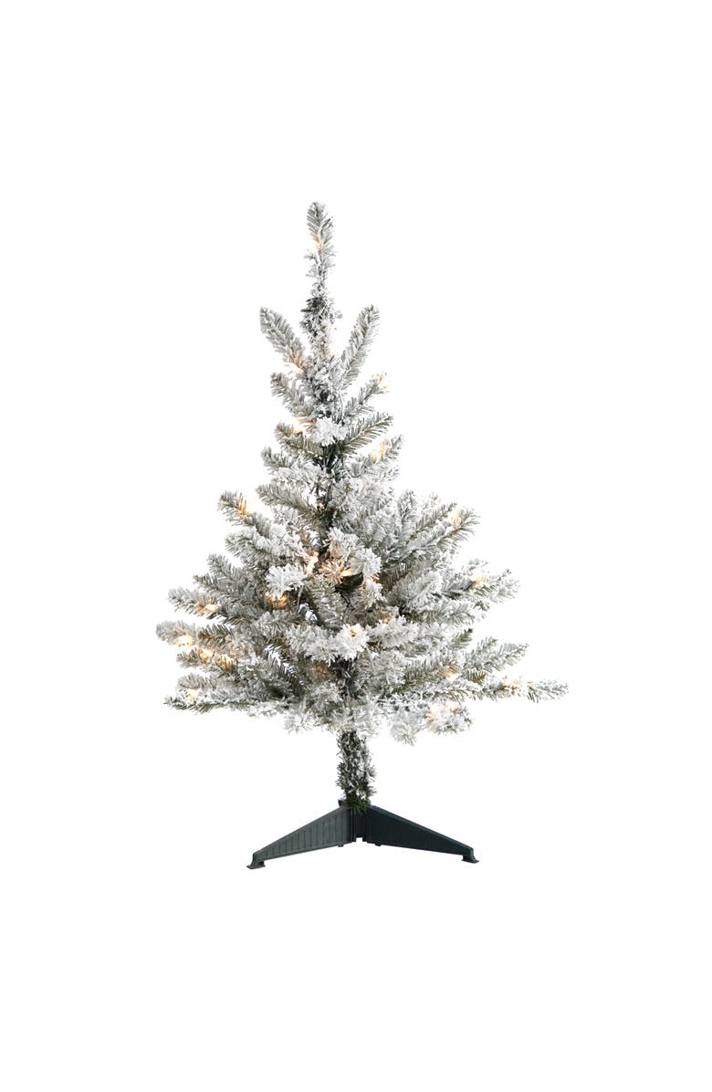 NEARLY NATURAL 3-ft Flocked West Virginia Spruce Artificial Christmas Tree with 50 Clear Lights and 142 Bendable Branches, Main, color, White