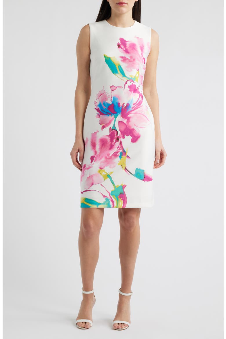 Floral Print Sleeveless Sheath Dress, Main, color, WHITE DOVE MULTI