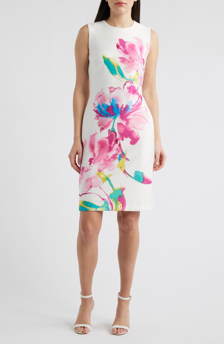 Anne Klein Floral Print Sleeveless Sheath Dress, Main, color, White Dove Multi