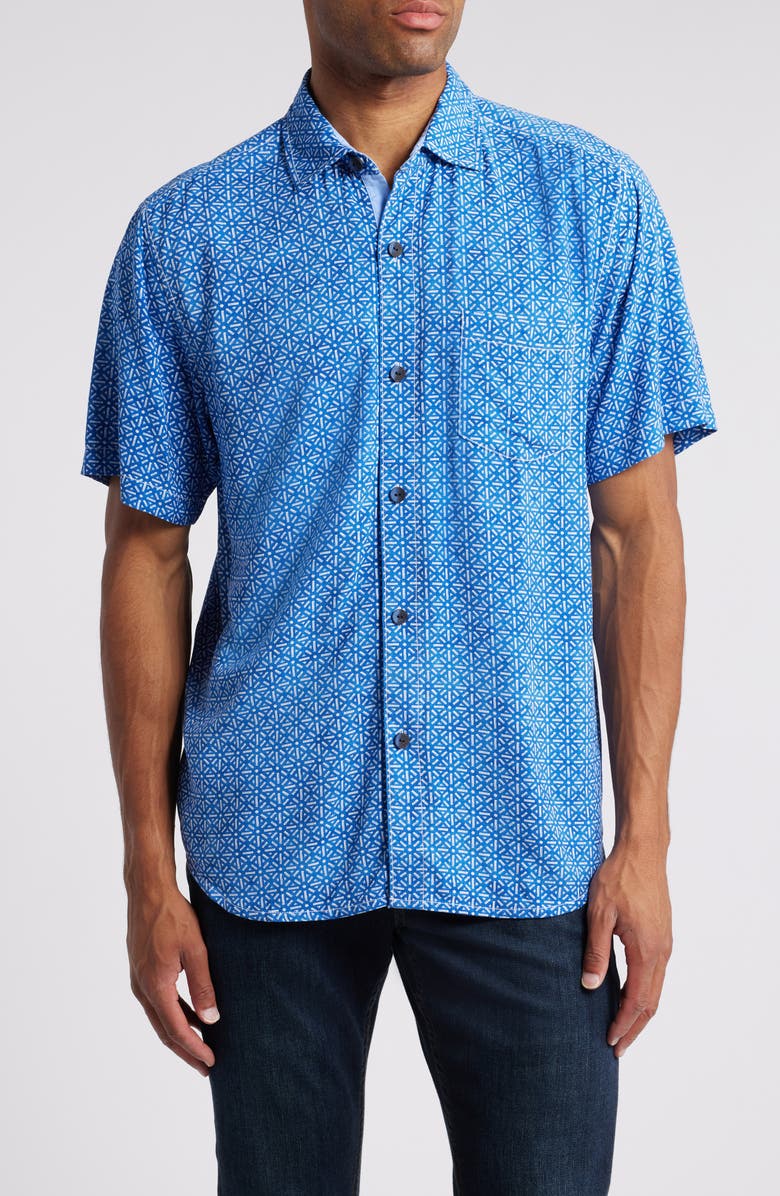 Tommy Bahama Veracruz Cay Rio Geo Short Sleeve Button-Up Shirt, Main, color, Blue Splash