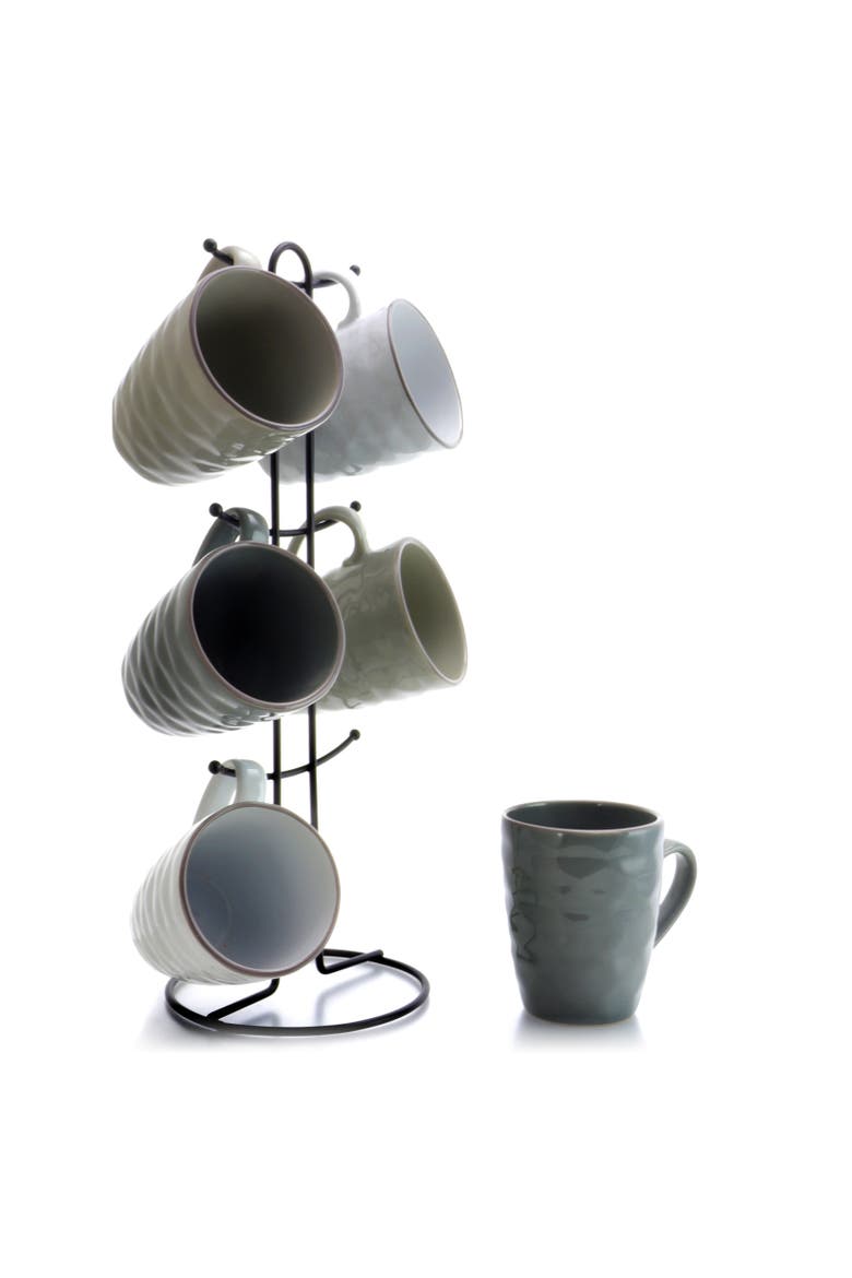 Tahitian Waves 6-Piece 12 oz. Mug Set with Stand, Main, color, White