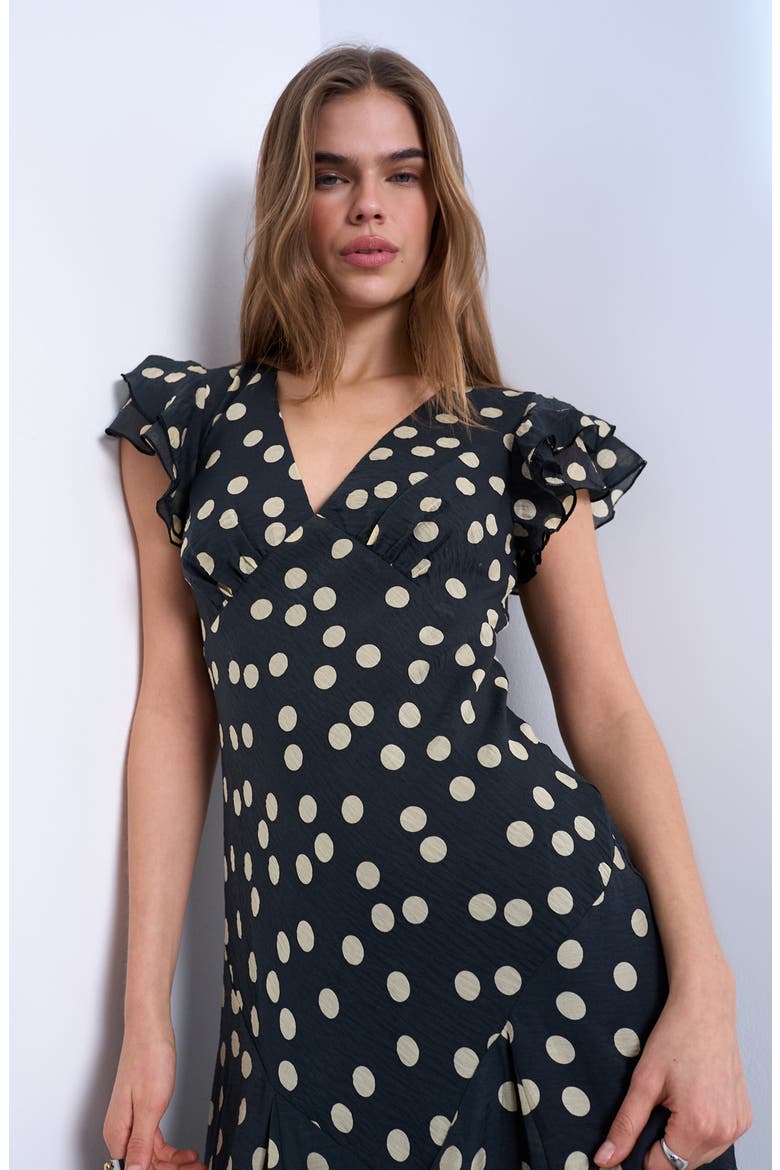 Flutter Sleeve Polka Dot V-Neck Midi Dress, Alternate, color, BLACK SPOT