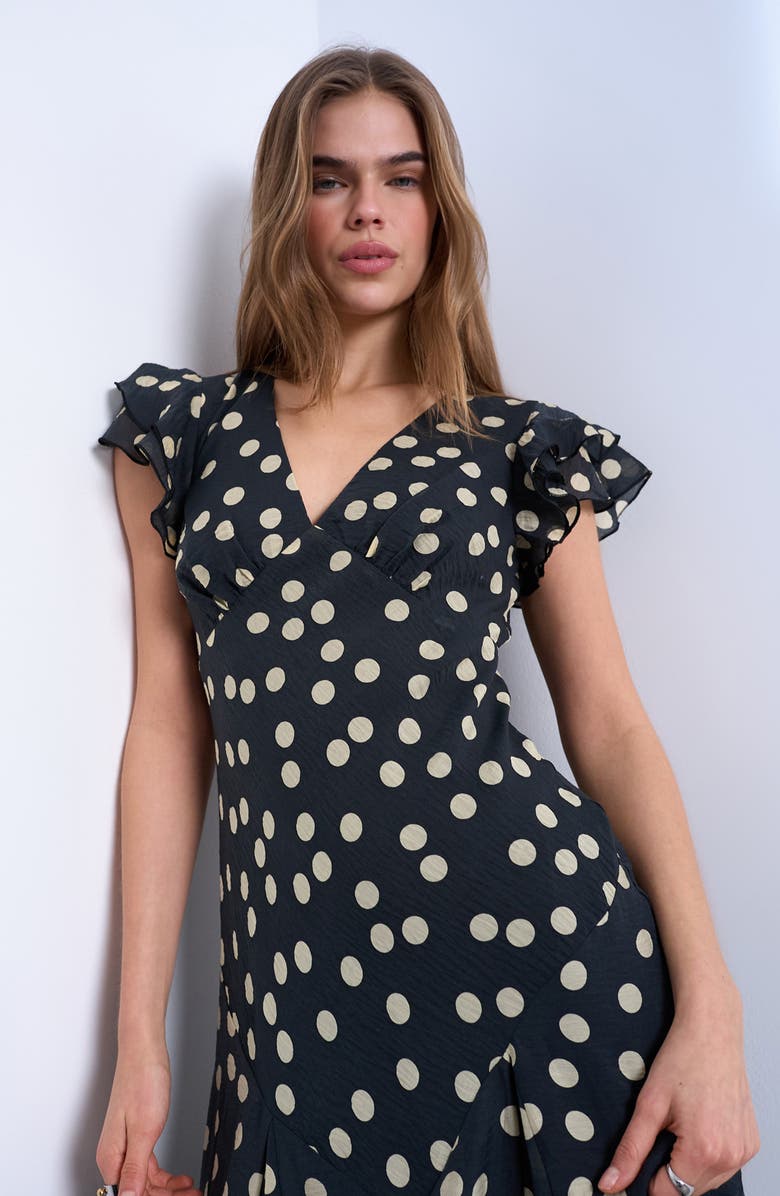 Topshop Flutter Sleeve Polka Dot V-Neck Midi Dress, Alternate, color, Black Spot