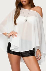 EDIKTED Sheer Chiffon One-Shoulder Poncho
