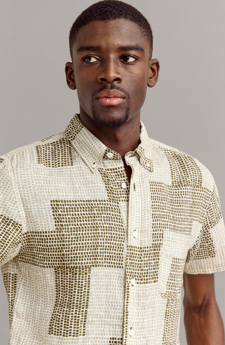 Billy Reid Brick Print Short Sleeve Linen Button-Down Shirt, Alternate, color,