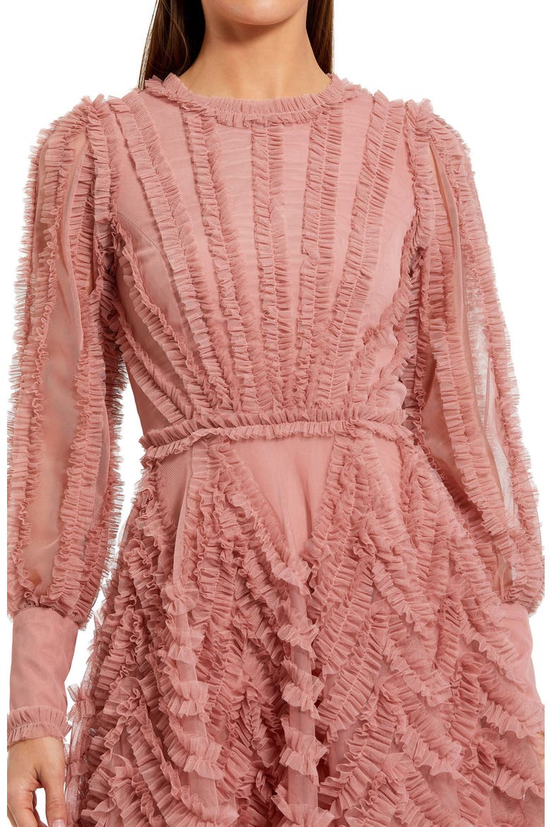 Ruffle Lace Up Back Long Sleeve Mini Dress, Alternate, color, Rose