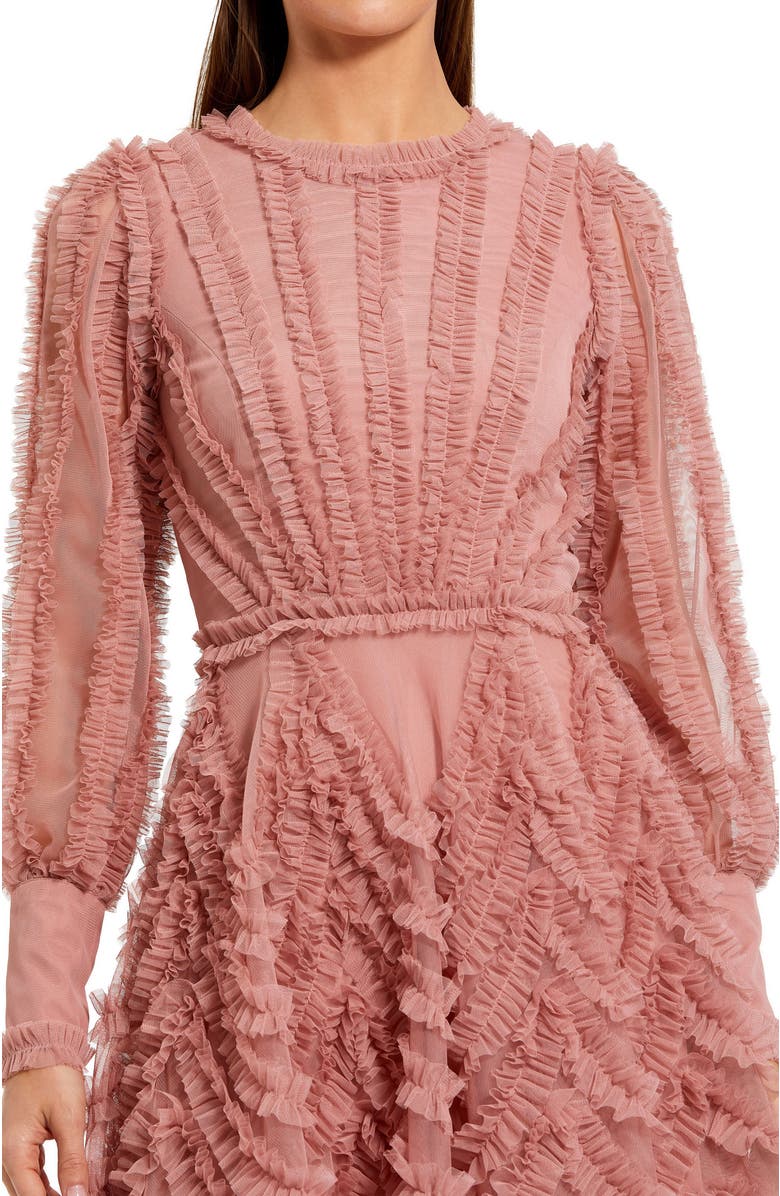 Mac Duggal Ruffle Lace Up Back Long Sleeve Mini Dress, Alternate, color, Rose