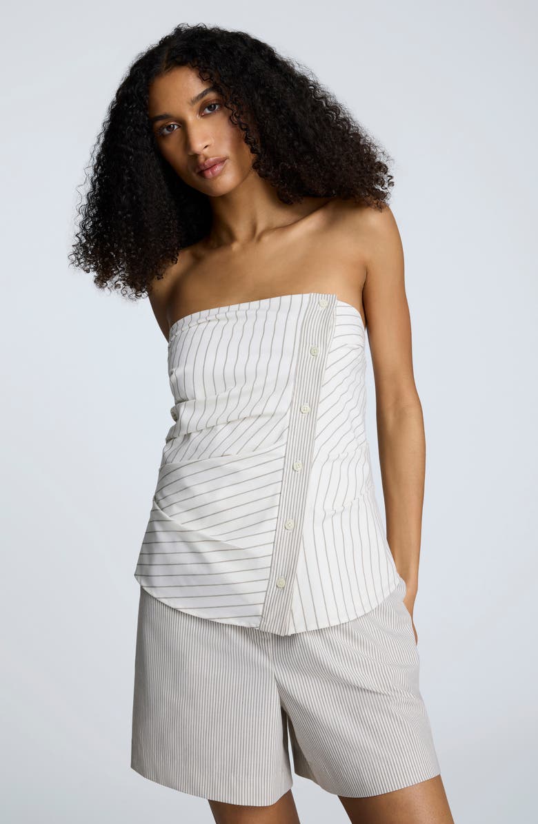 Kenneth Cole Ruched Stripe Strapless Top, Alternate, color, Pure White/ Beige Bronz