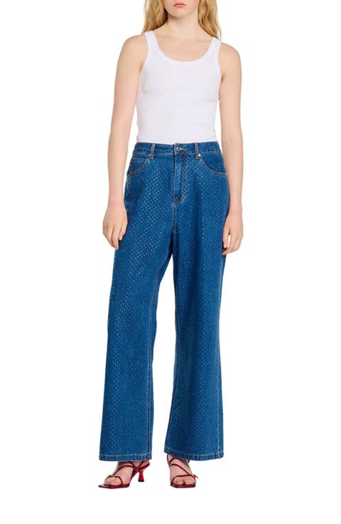 Marvie – Rhinestone-Embellished Wide-Leg Jeans in Bordeaux