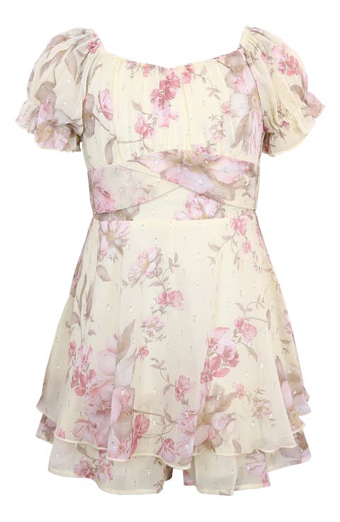 Floral Print Puff Sleeve Romper (Big Kid)